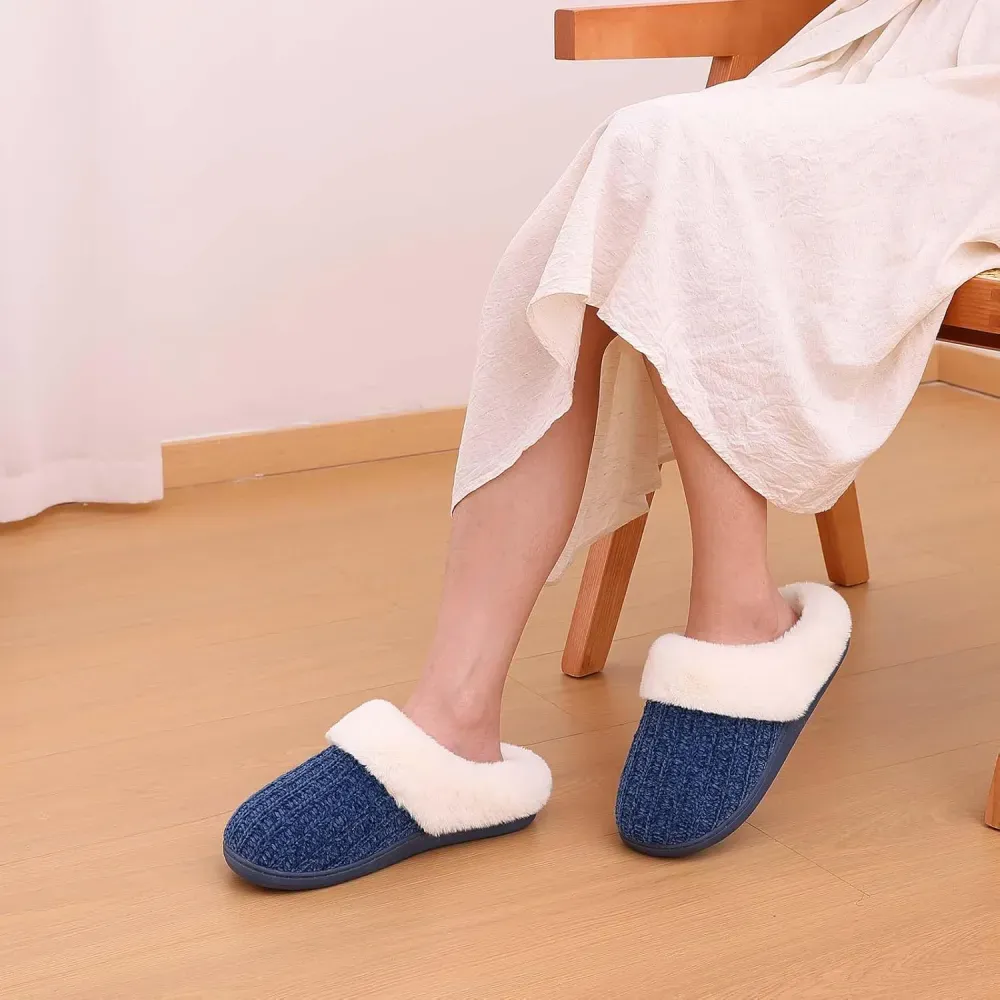 Warm Knit House Slippers for Women Comfy Wool-Like Lined Chenille Slippers with Memory Foam and Indoor Outdoor Soles