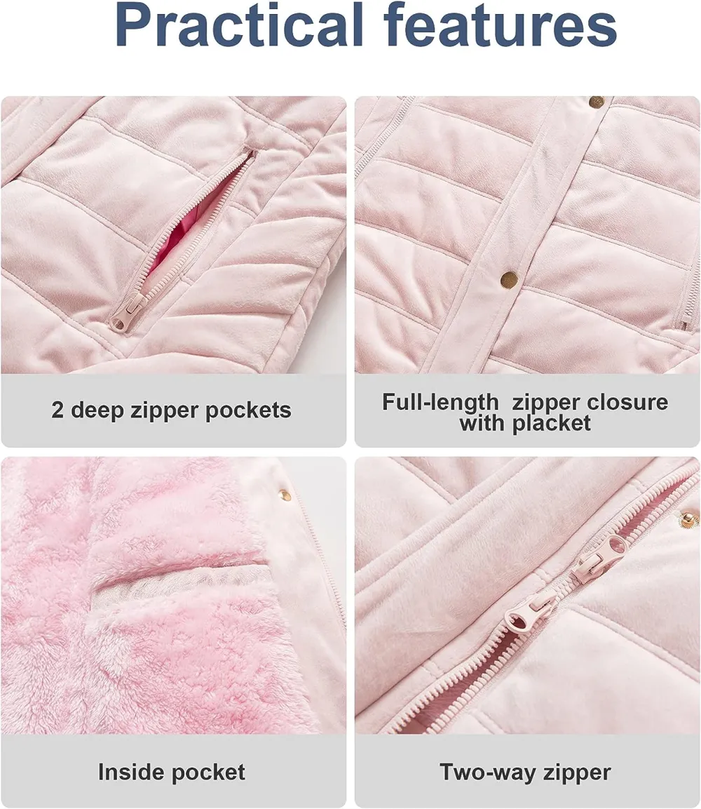 Women's Warm Winter Coat Velvet Puffer Jacket Quilted Faux Fur Hood