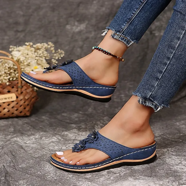 Women's Sandals Slippers Boho Bohemia Beach Wedge Sandals Outdoor Slippers Daily Beach Summer Flower Wedge Heel Round Toe Vintage Casual Faux Leather Loafer Solid Color Black Pink Brown