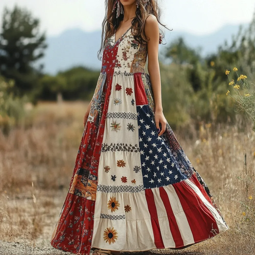 Vintage Boho Floral American Flag Print Women's Linen Slip Dress