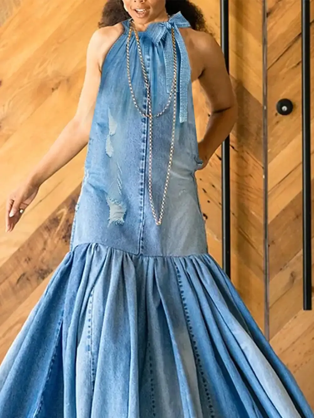 Ursime Fashion Ripped Denim Spliced Pleated Bow Maxi Halter Dress