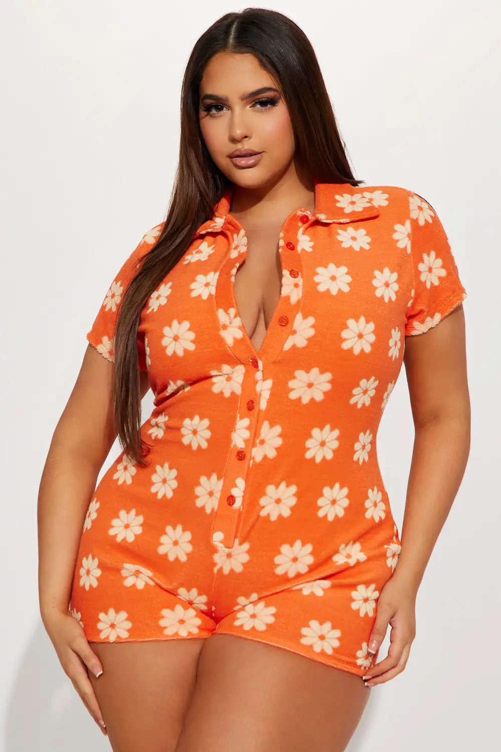 Flower Fields Terry Cloth Romper - Orange