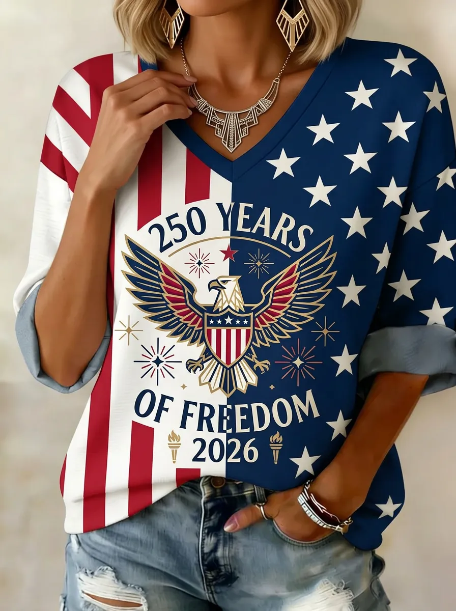 Women's USA Patriotic 250 Years Freedom Eagle Printed V-Neck Top