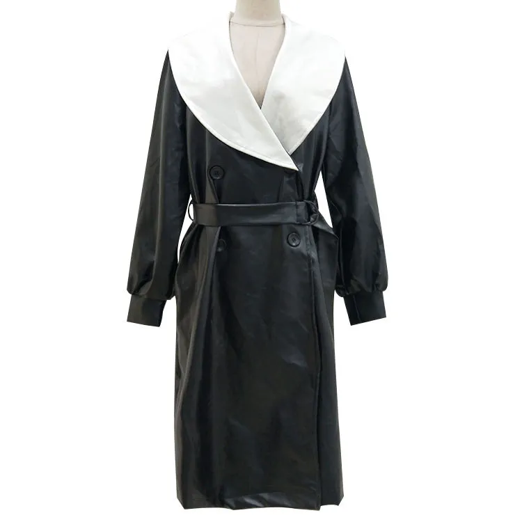 Colorblock Lapel Coat with Front Tie