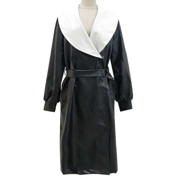 Colorblock Lapel Coat with Front Tie