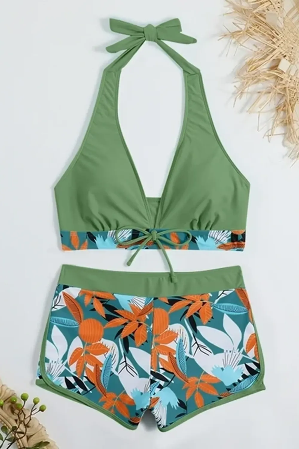 Sexy padded printed high-waisted patchwork swim trunks set