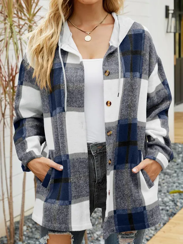 Hoodie Long Sleeve Plaid Regular Micro-Elasticity Loose Jacket For Women