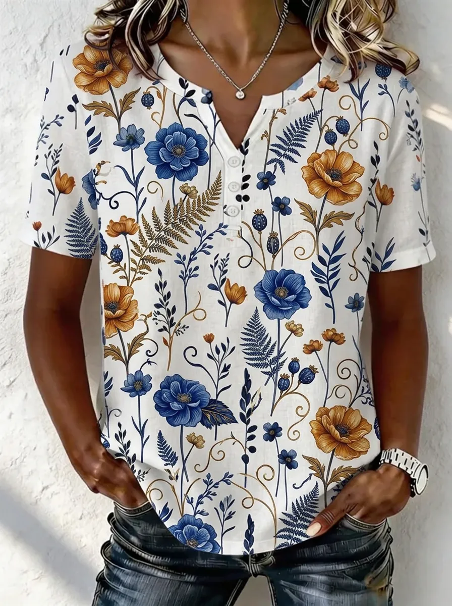 Women's Nashville Floral Botanical Printed Henley Shirt