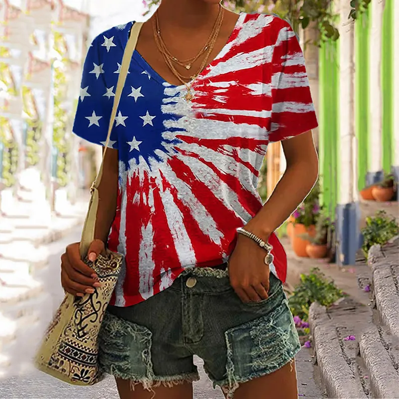 Women's Independence Day Print V Neck T-shirt