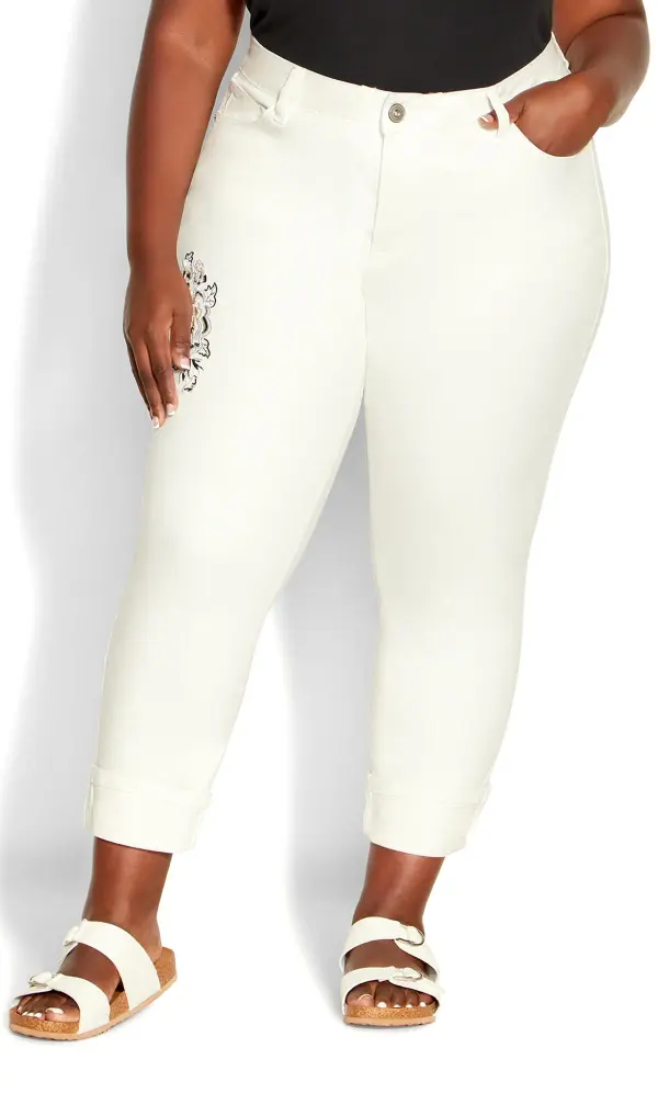 Evans White Embroidered Turn Up Denim Crop