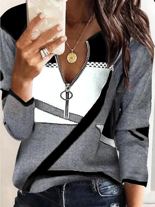 Women's Plus Size Shirt Blouse Graphic Color Block Black Red Fuchsia Quarter Zip Print Long Sleeve Casual Vintage V Neck Regular Fit Fall & Winter