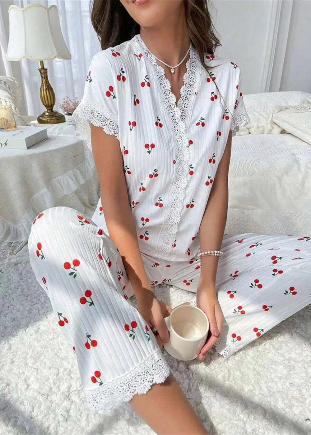 White Fruit Printing Short Sleeve Lounge Top and Pants