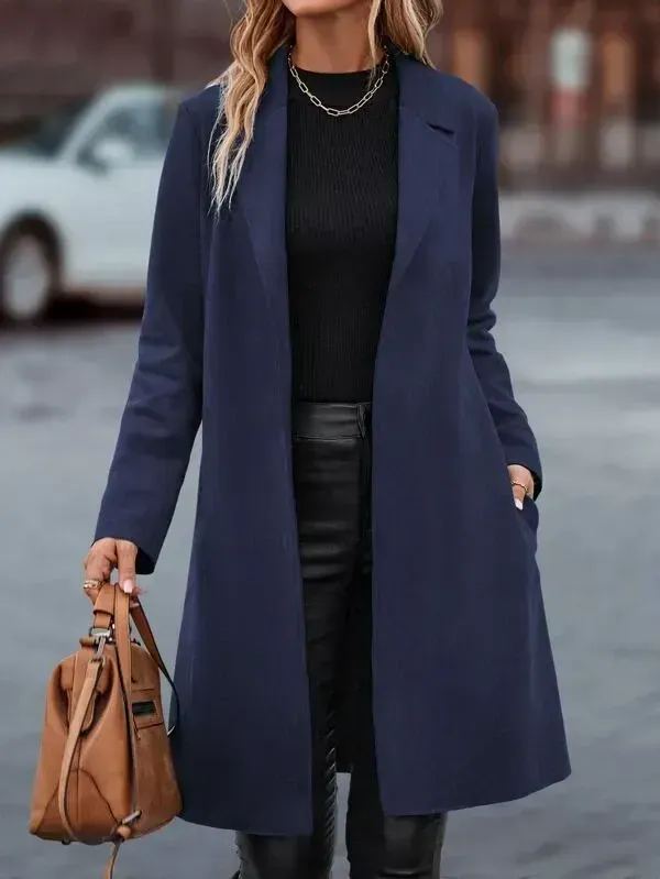 Lapel Neck Slant Pockets Open Front Belted Coat
