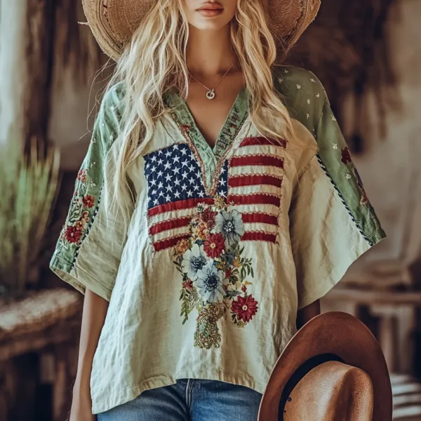 Women's Independence Day American Flag Floral Embroidered V-neck Linen Blend T-shirt