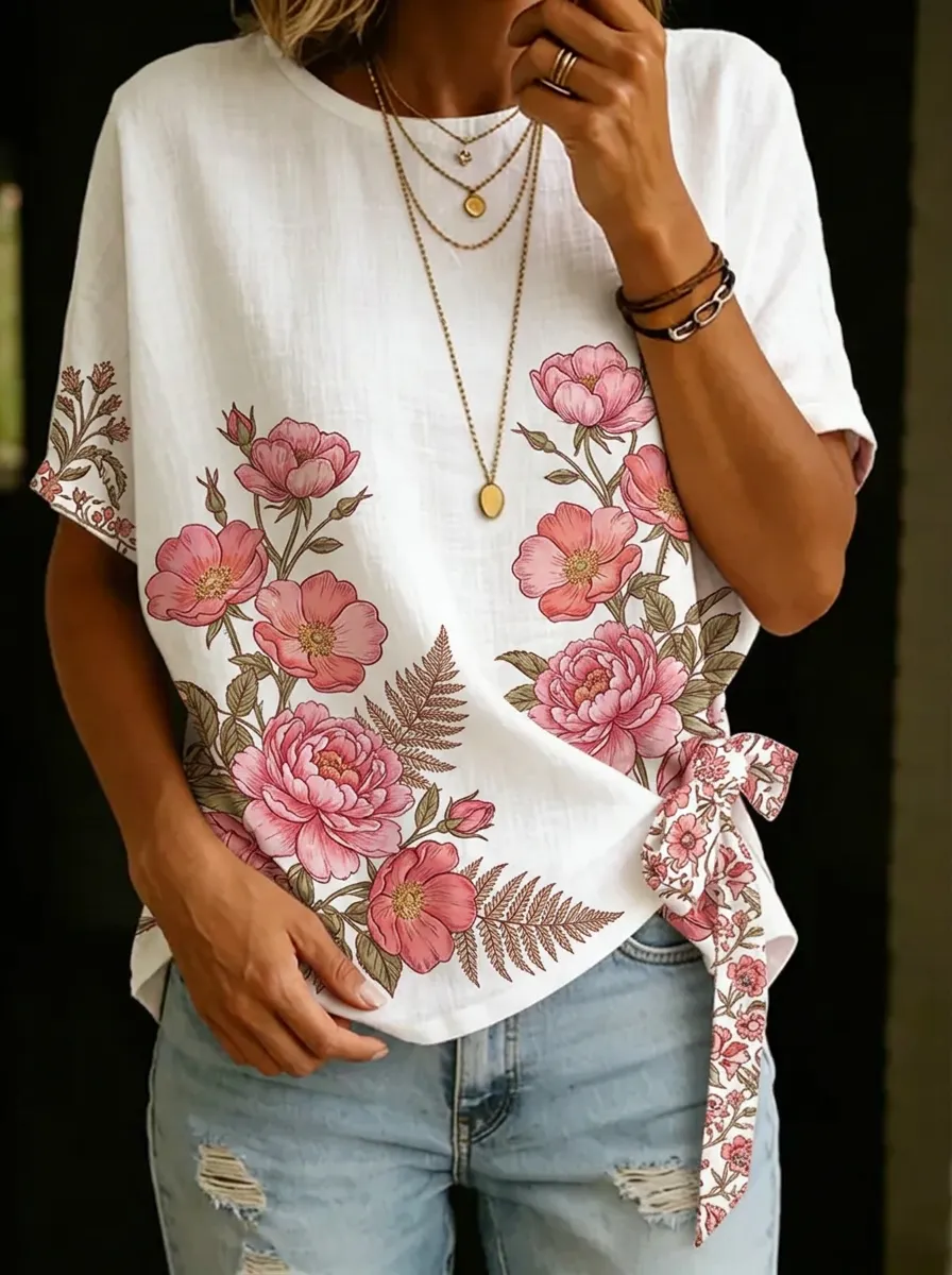 Women's Nashville Floral Botanical Printed Tie-Side Top