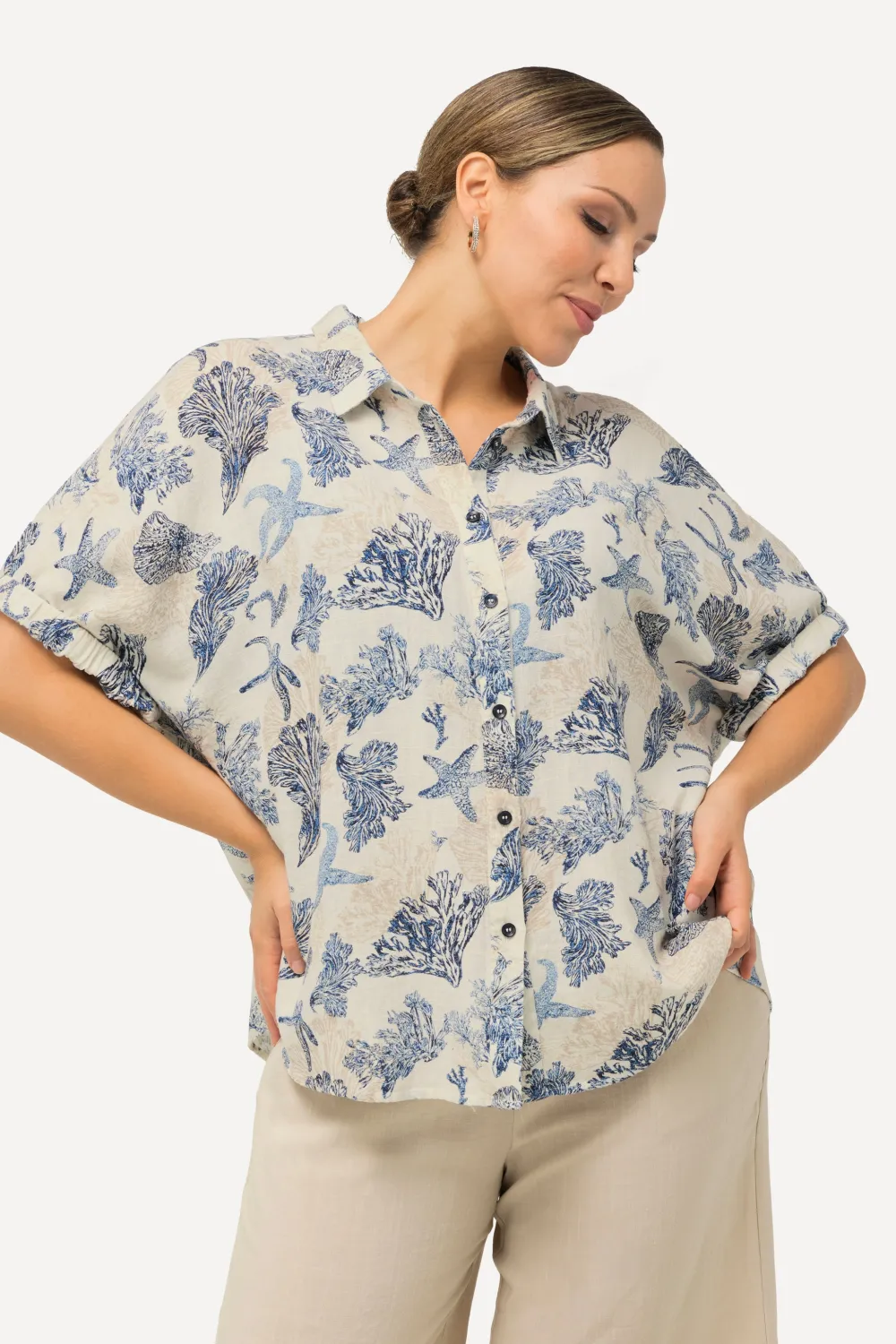 Bluse Leinenmix Muscheldruck Hemdkragen Halbarm