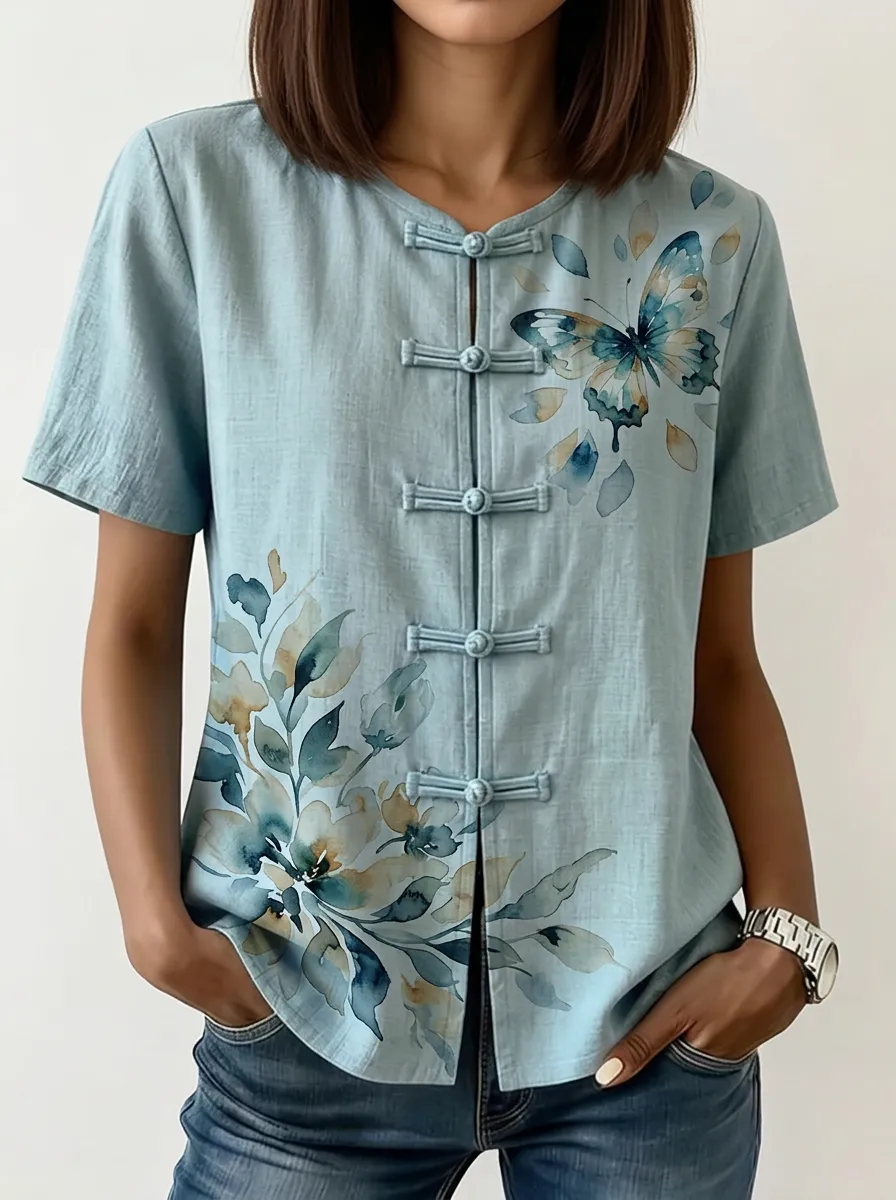 Women's Nashville Floral Butterfly Watercolor Printed Chinese Knot Top