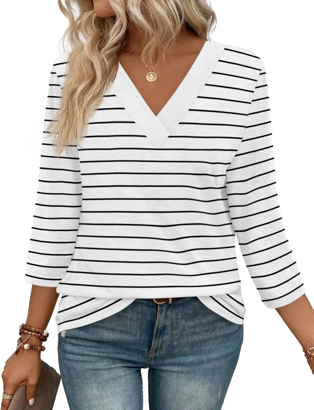 ⏰Hot Sale-Women's V Neck 3/4 Long Sleeve Tops Loose Fit Blouse