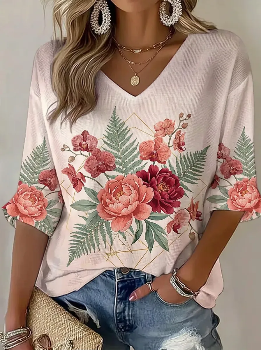 Women's Nashville Floral Fern Geometric Printed V-Neck Top