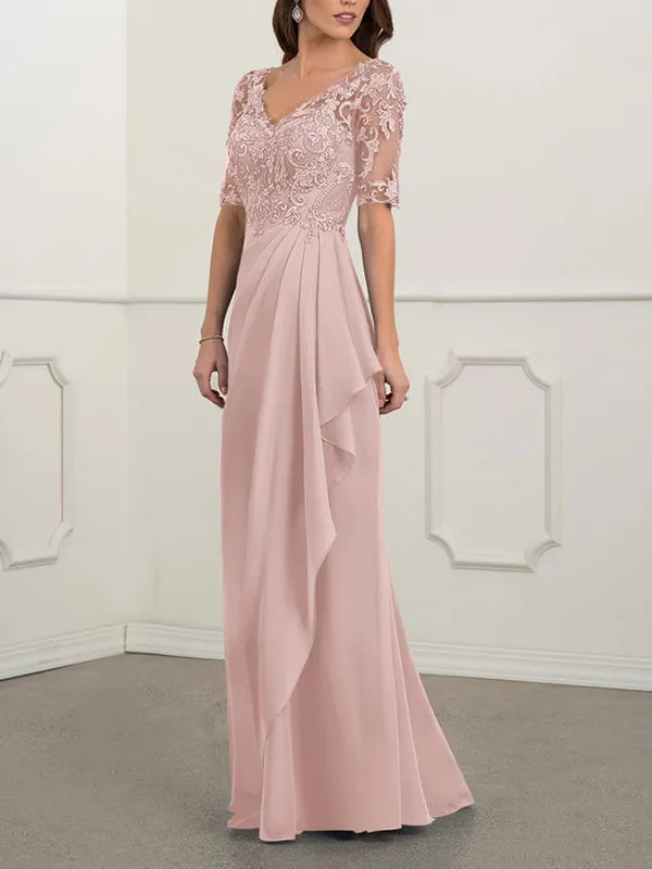 Floor-to-ceiling chiffon lace back zip bridal mom dress