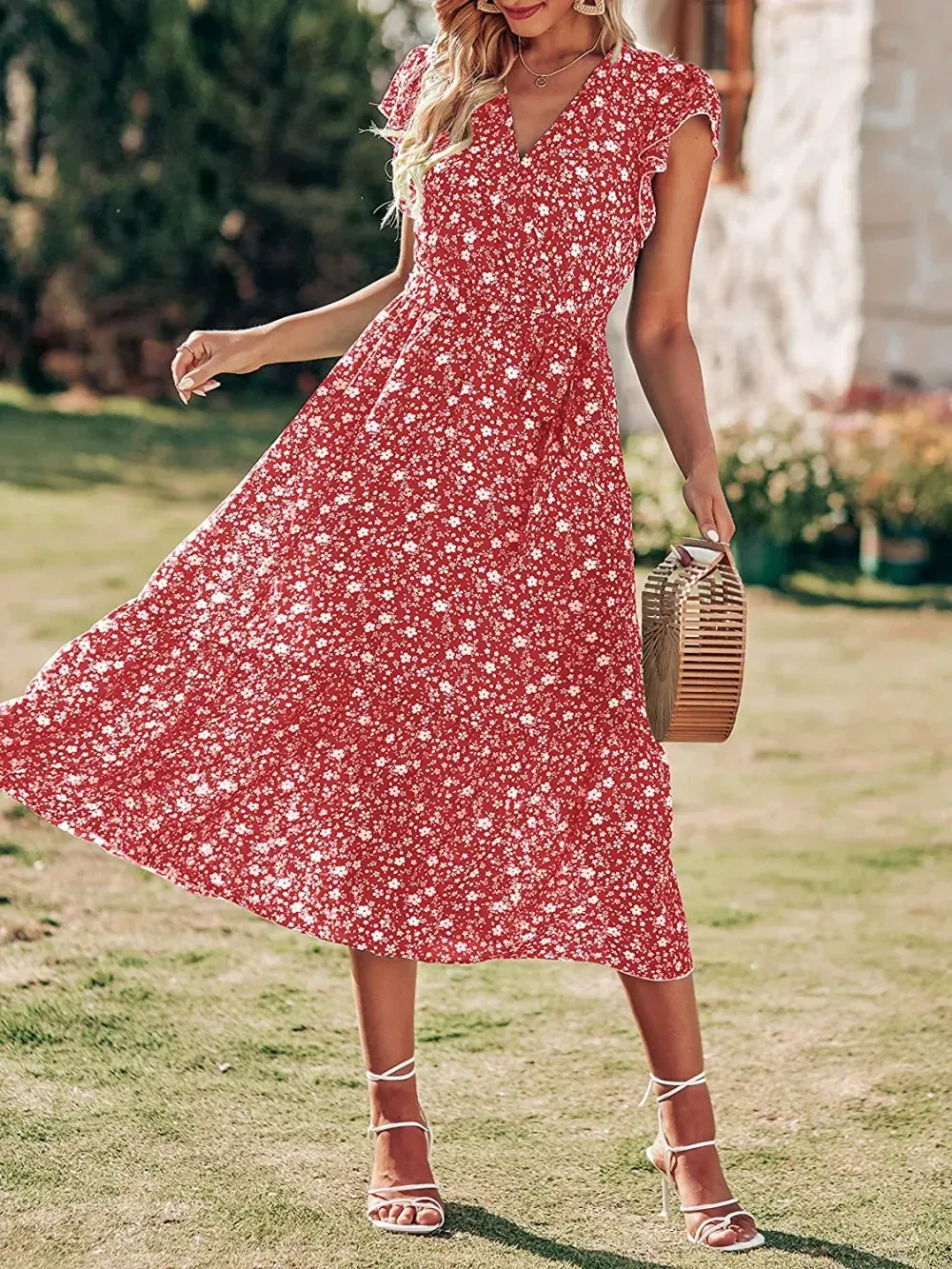 Women Summer Bohemian Floral Casual Wrap V Neck Ruffle Cap Sleeveless Belt A-Line Pleated Hem Swing Midi Sun Dress