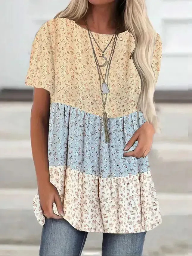 Women Short Sleeve Scoop Neck Floral Printed Stitching Top