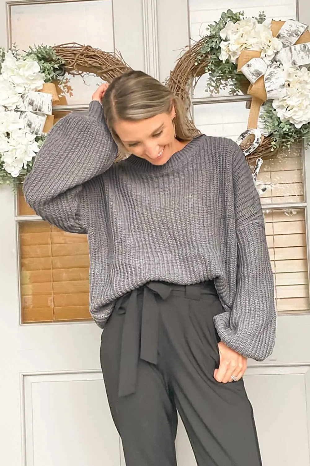 Women's Crew Neck Loose Drop Shoulder Lantern Sleeve Casual Solid Color Knit Pullover Sweater