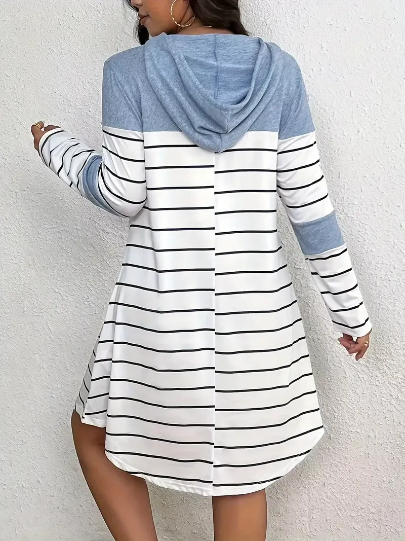 Plus Size Striped Drawstring Hooded Dress, Casual Long Sleeve Curved Hem Dress For Spring & Fall, Women's Plus Size Clothing