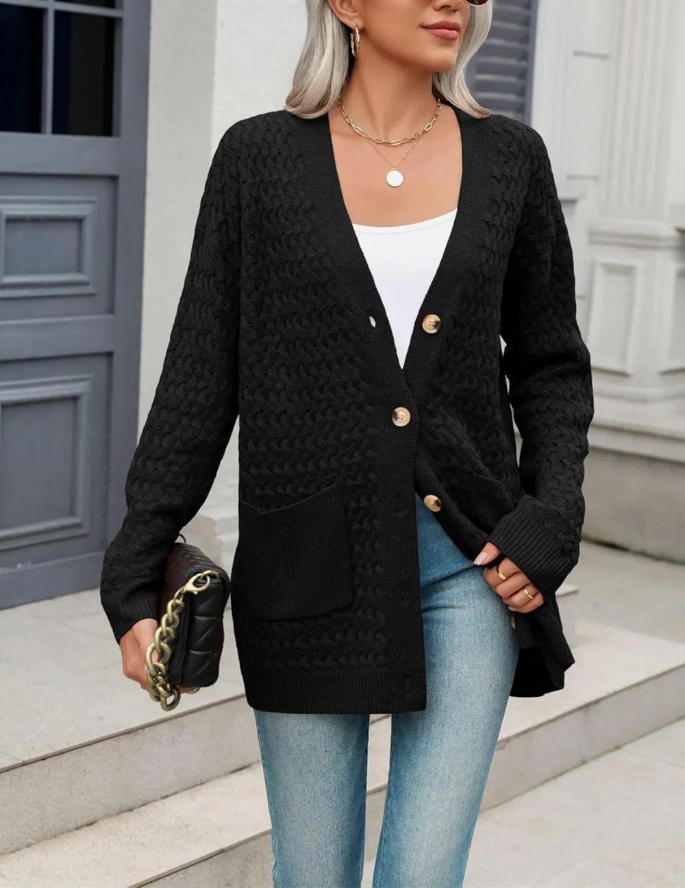 Womens 2024 Long Sleeve Chunky Cable Knit Fall Cardigans Sweaters Button Down Open Front Outerwear with Pockets
