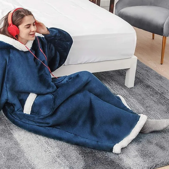 Oversized Wearable Blanket Christmas Flannel Thick Soft Warm Long Hoodie Blanket Big Hooded Sweatshirt Hoodie Blanket for Adults Women Girls Teenagers Teens Men Black