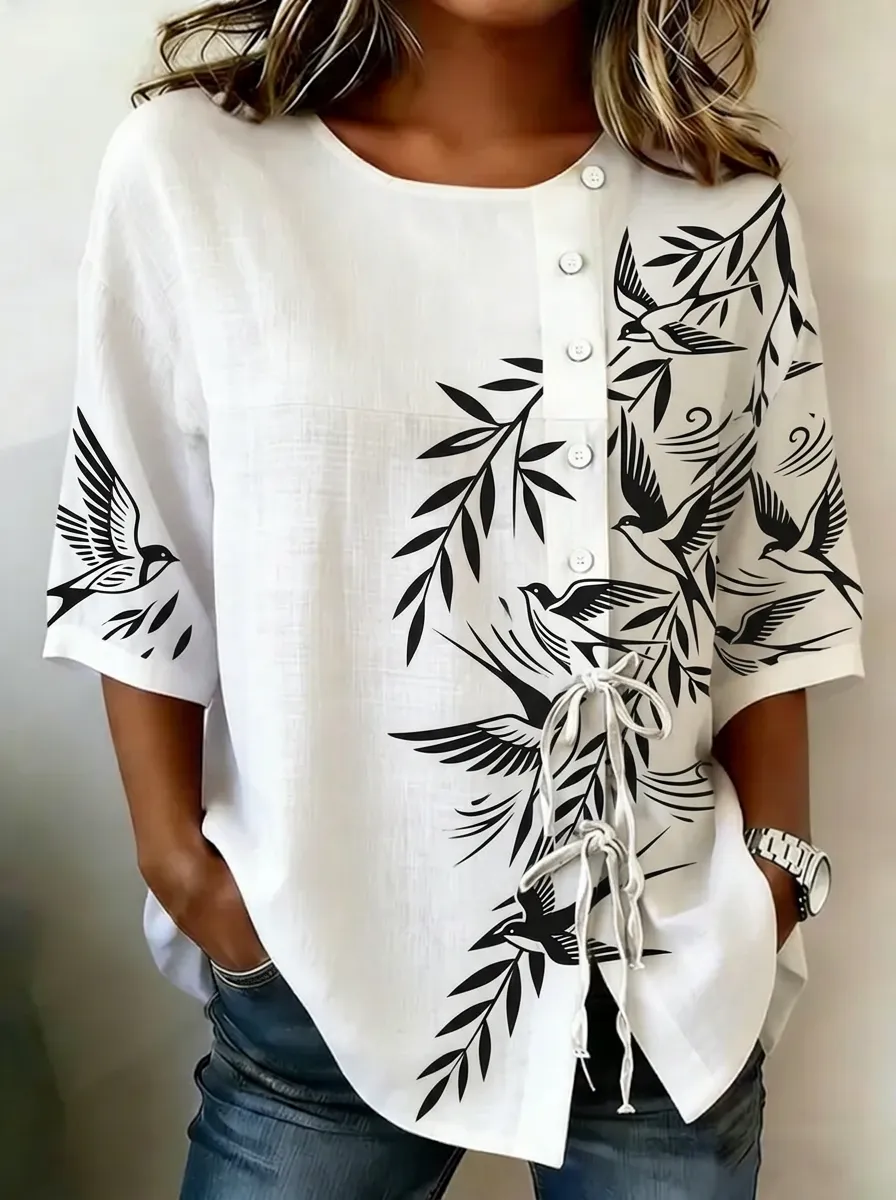 Women's Nashville Bird Floral Printed Button-Up Top