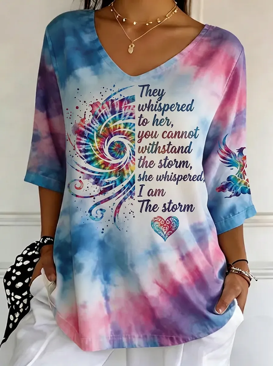 Women's Nashville Storm Quote Tie-Dye Printed V-Neck Top