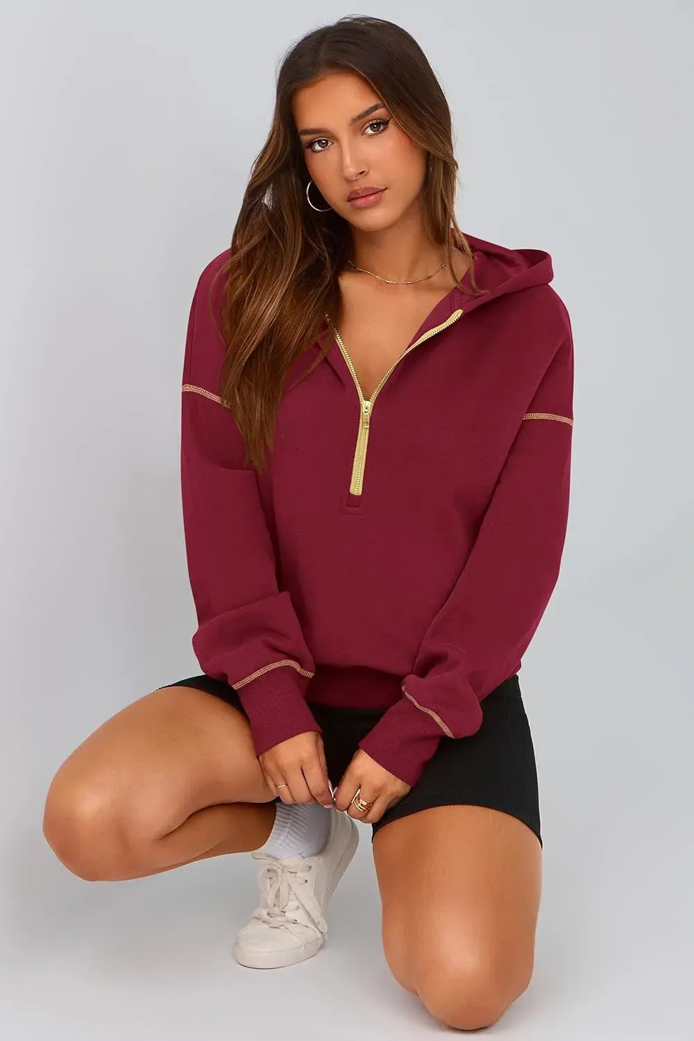 Women's Hooded Sweatshirts Long Sleeve Half Zip Cropped Hoodie Pullover Winter Fashion Clothes