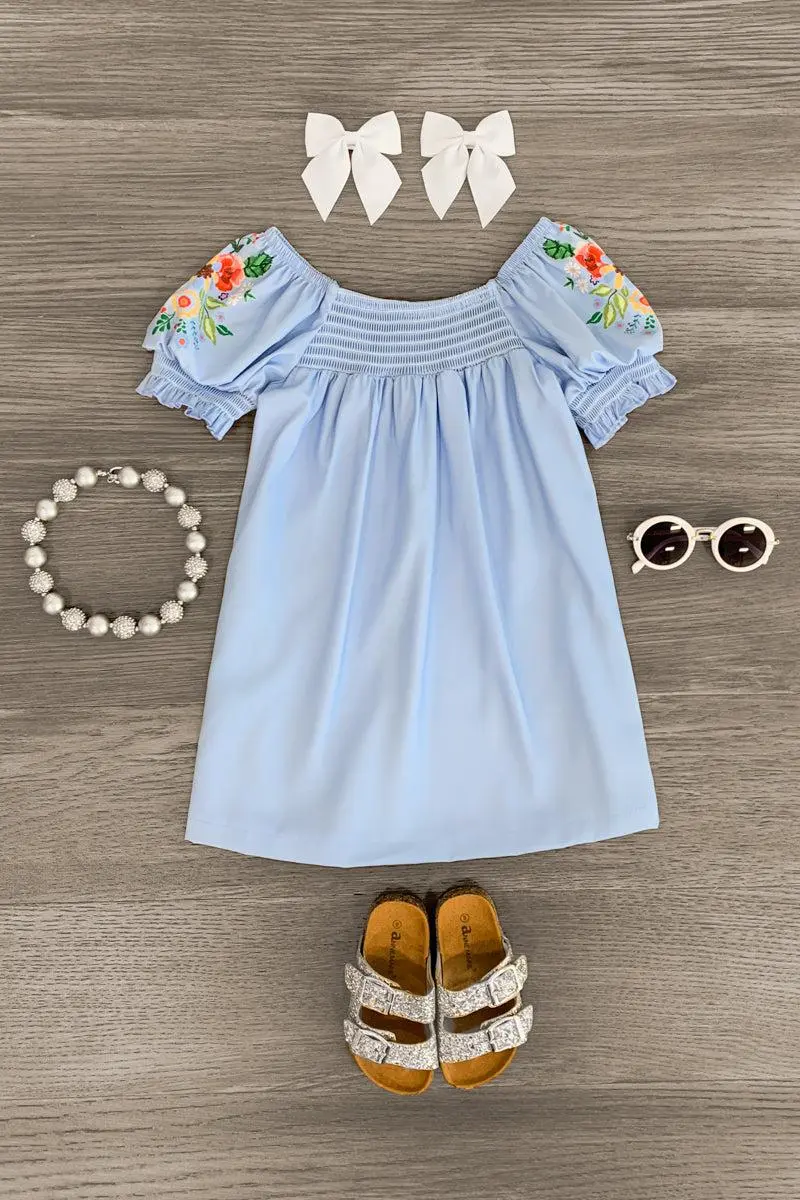 Blue Floral Puff Sleeve Dress