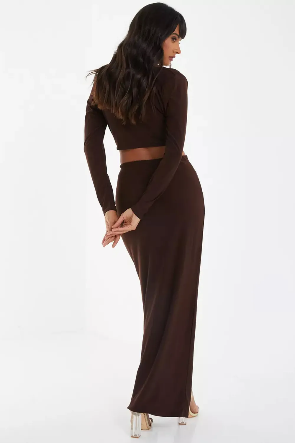 Brown Ruched Cowl Neck Top Ruched Split Maxi Skirt