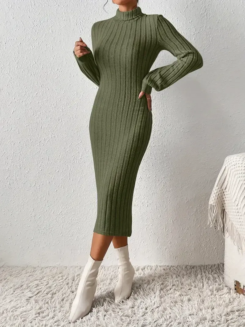 Ribbed Solid Bodycon Dress, Elegant Turtleneck Long Sleeve Dress, Women's Clothing