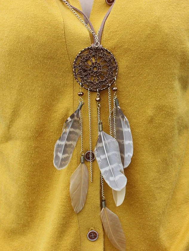 Ethnic Retro Dream Catcher Feather Long Sweater Chain Wool Clothes Necklace