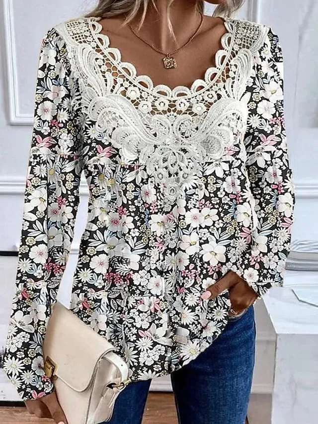 Women's Shirt Blouse Fashion Floral Lace Print Long Sleeve Regular Tops V Neck Casual Holiday Black White Yellow Pink Red Spring &  Fall