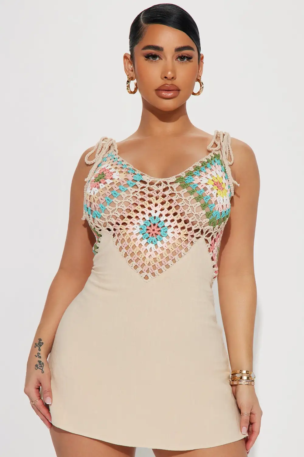 Kara Crochet Mini Dress - Tan/Multi