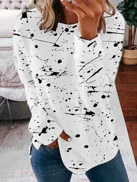 Women Long Sleeve Scoop Neck Polka Dot Graphic Top