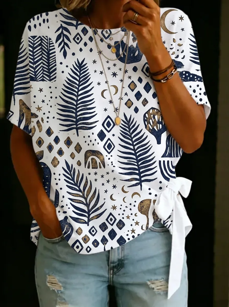 Women's Nashville Boho Celestial Fern Printed Tie-Side Top