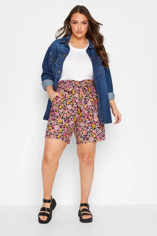 YOURS Curve Black Floral Print Paperbag Waist Shorts