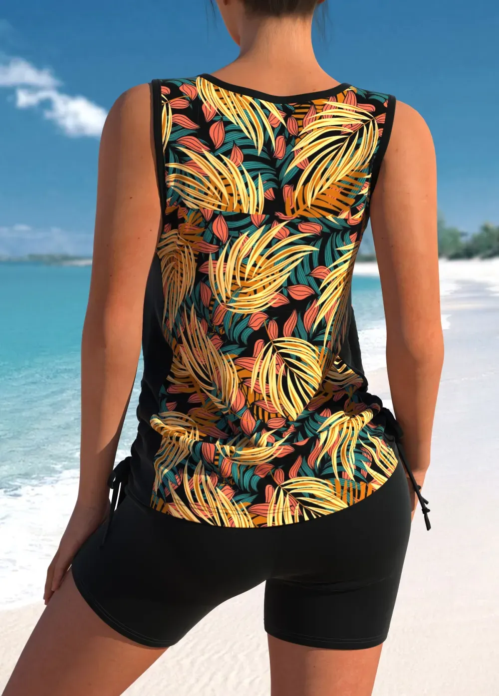 Floral Print Black Cross Strap Tankini Set