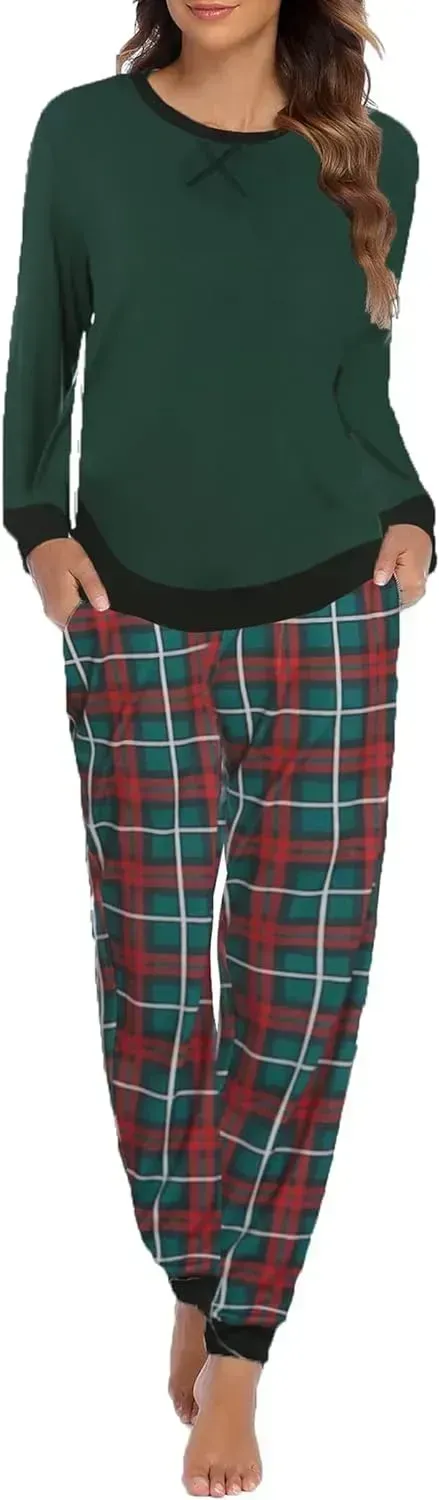Women's Pajamas Sets Long Sleeve with Plaid Pants Soft Sleepwear O Neck 2 Piece Pjs Joggers Loung Set with Pockets