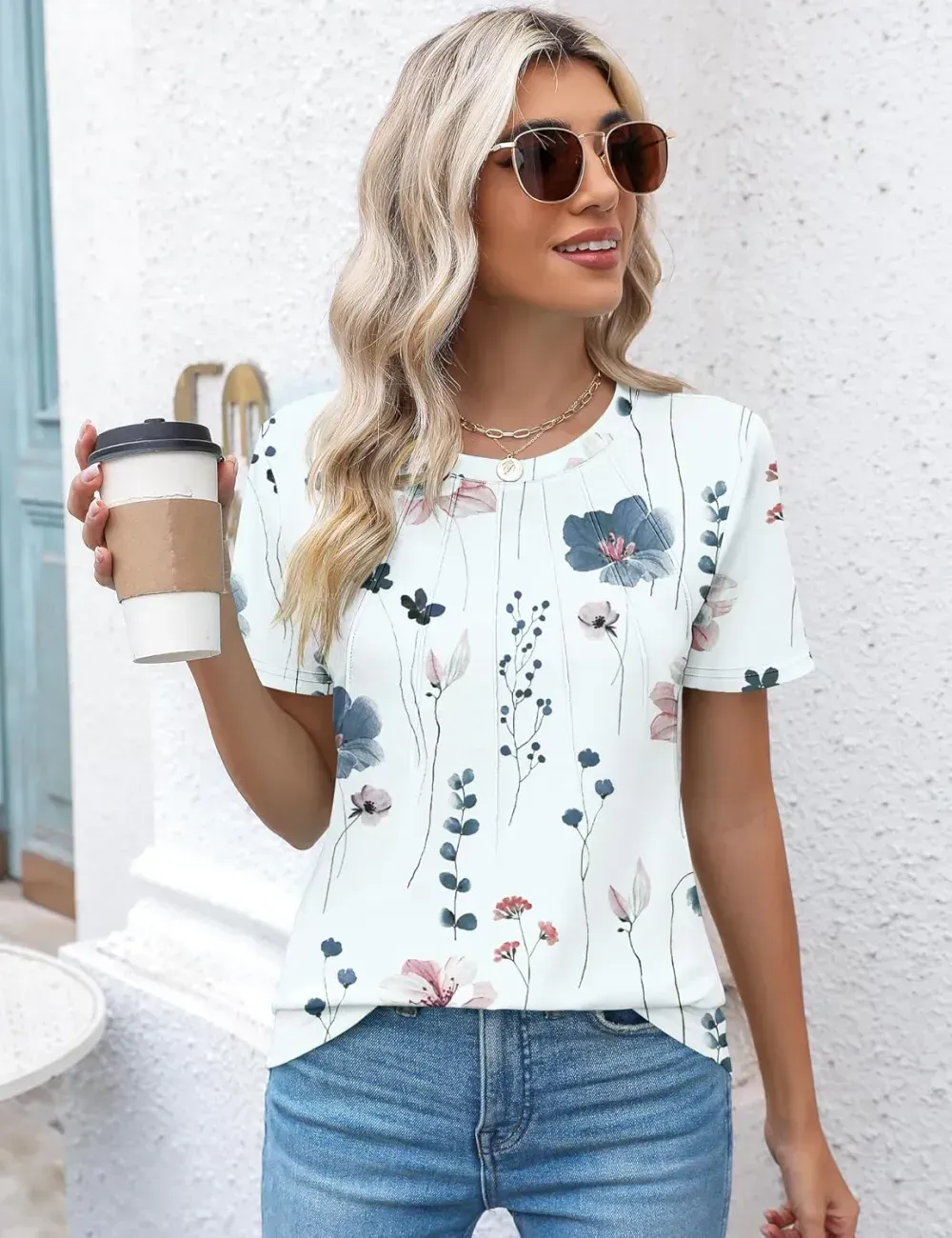 Kistore Womens Casual Crew Neck Short Sleeve Pleated Tops Blouses Fashion Clothes 2024