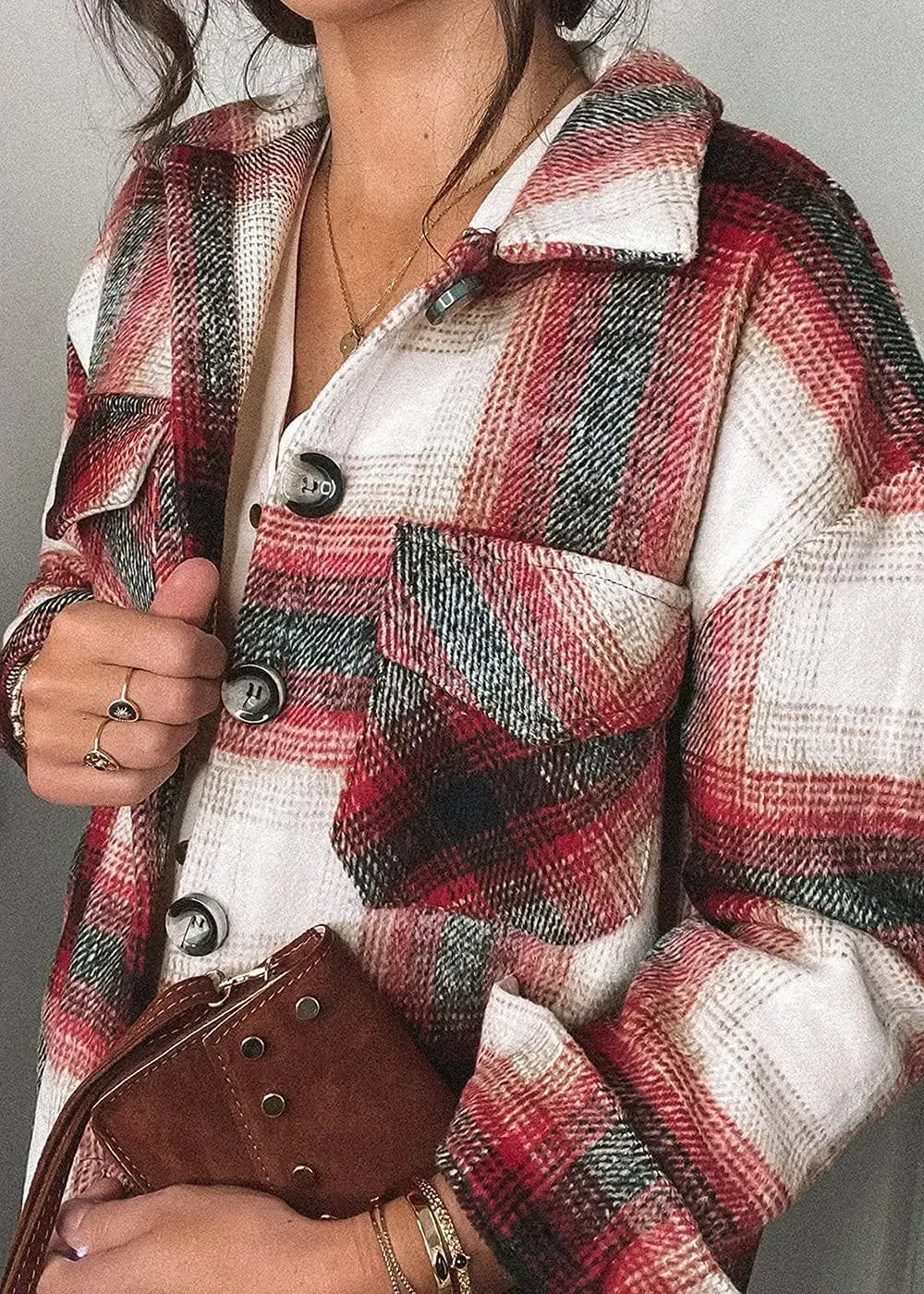 Women's 2023 Fall Clothes Plaid Shacket Jacket Long Sleeve Button Down Flannel Shirts Fashion Blouse
