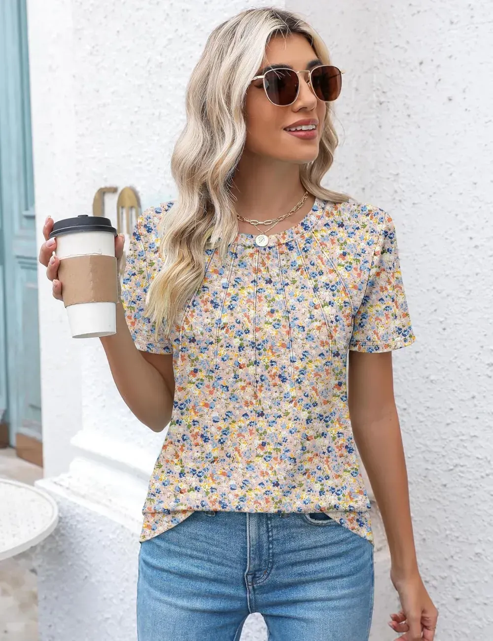 Kistore Womens Casual Crew Neck Short Sleeve Pleated Tops Blouses Fashion Clothes 2024