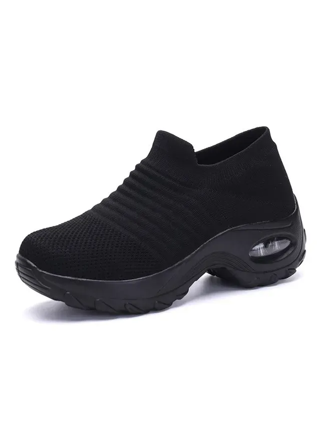 Sports Color Block Breathable Slip On Block Heel Fly Woven Shoes