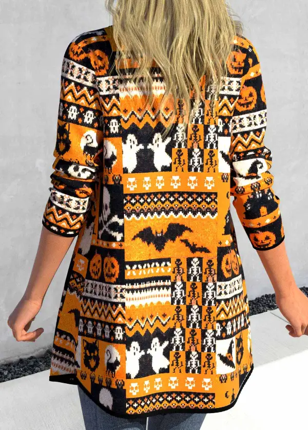 Orange Halloween Print Long Sleeve Cardigan