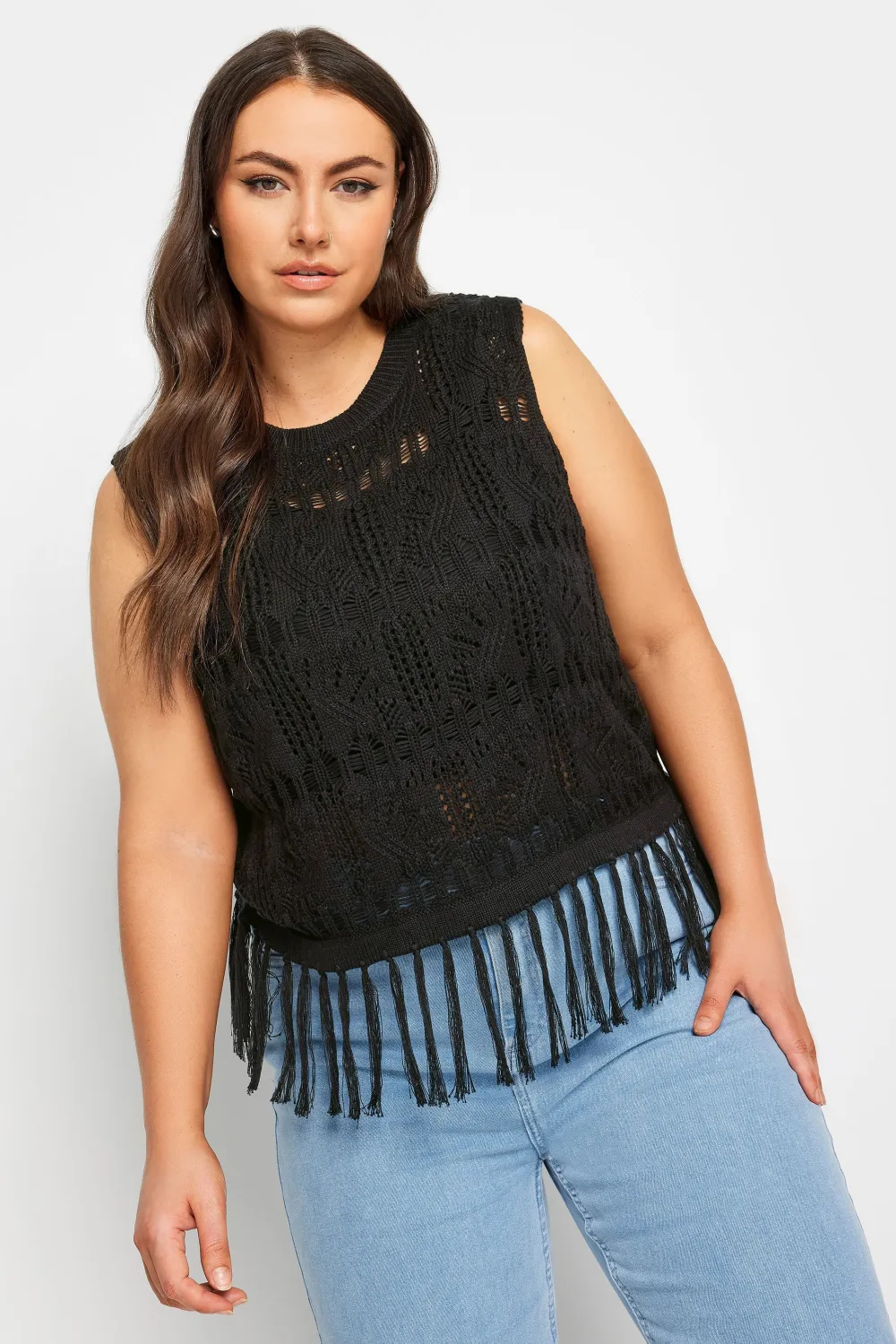 YOURS Curve Black Crochet Fringe Vest Top